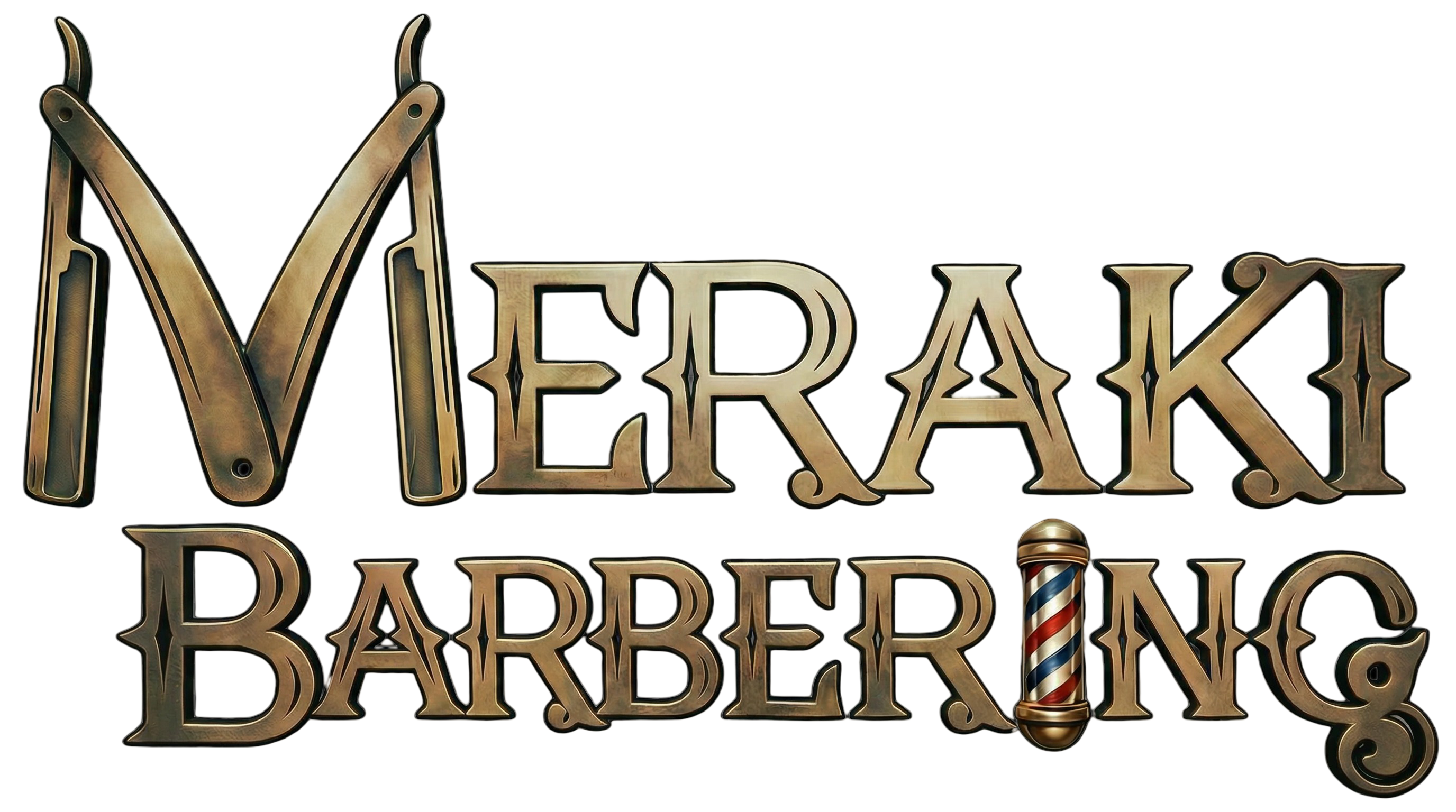 Meraki Barbering brass wordmark logo